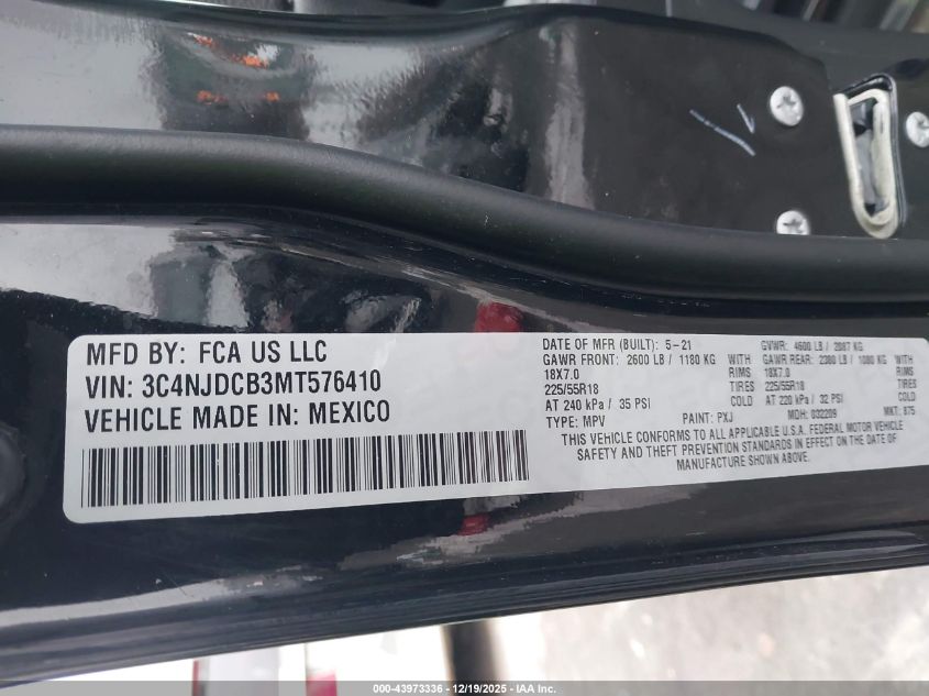 2021 Jeep Compass Limited 4X4 VIN: 3C4NJDCB3MT576410 Lot: 43973336