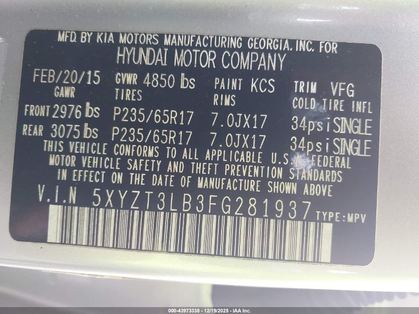 2015 Hyundai Santa Fe Sport 2.4L VIN: 5XYZT3LB3FG281937 Lot: 43973338