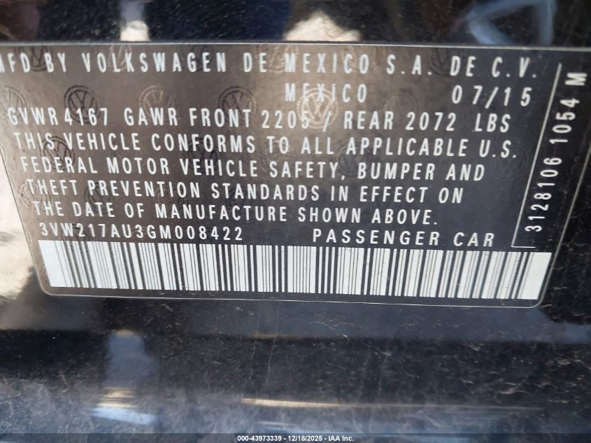 2016 Volkswagen Golf Tsi Se 4-Door VIN: 3VW217AU3GM008422 Lot: 43973339