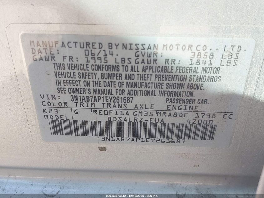 2014 Nissan Sentra Sr VIN: 3N1AB7AP1EY261687 Lot: 43973342