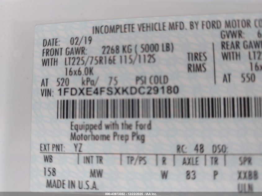 2019 Ford E-450 Cutaway VIN: 1FDXE4FSXKDC29180 Lot: 43973352