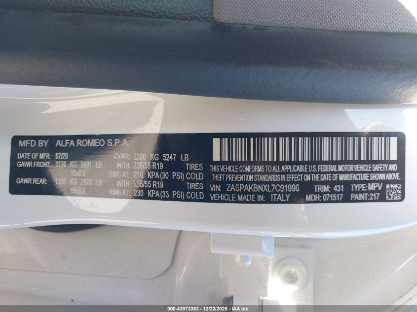2020 Alfa Romeo Stelvio Ti Awd VIN: ZASPAKBNXL7C91996 Lot: 43973353