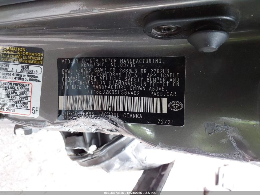 2005 Toyota Camry Le VIN: 4T1BE32K95U564462 Lot: 43973356