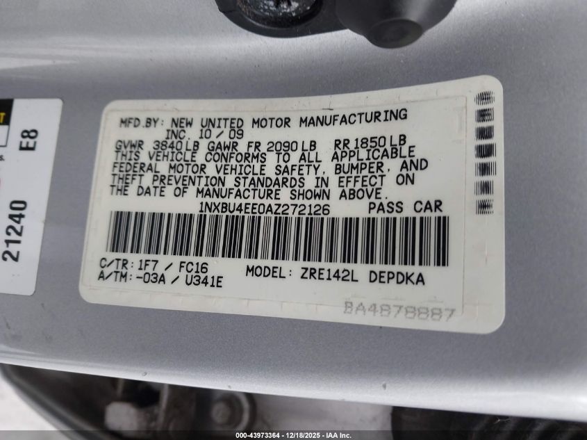 2010 Toyota Corolla Le VIN: 1NXBU4EE0AZ272126 Lot: 43973364