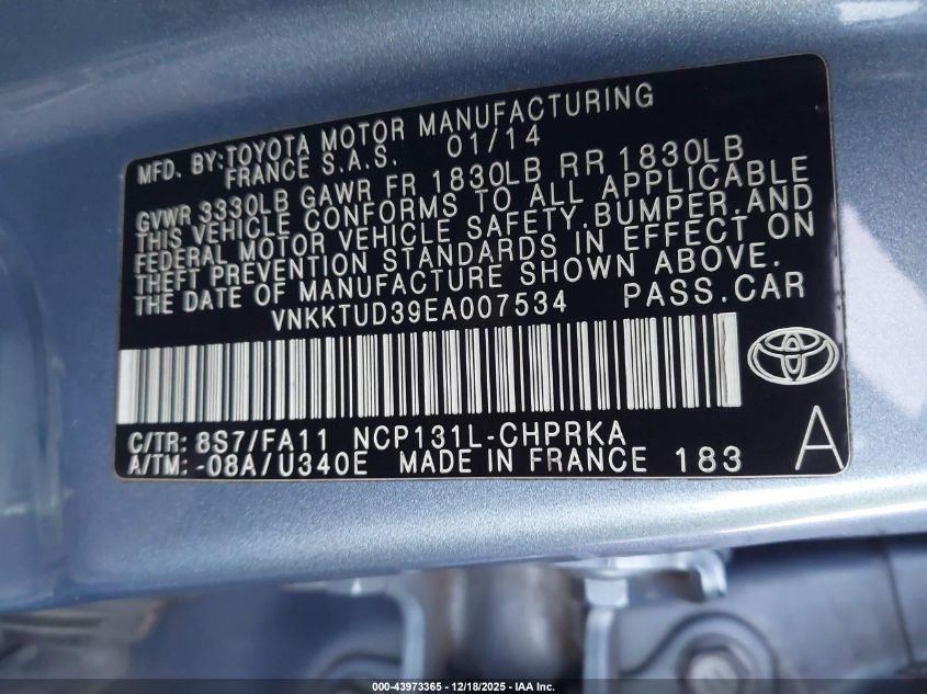 2014 Toyota Yaris L (Tmmf Plant) VIN: VNKKTUD39EA007534 Lot: 43973365