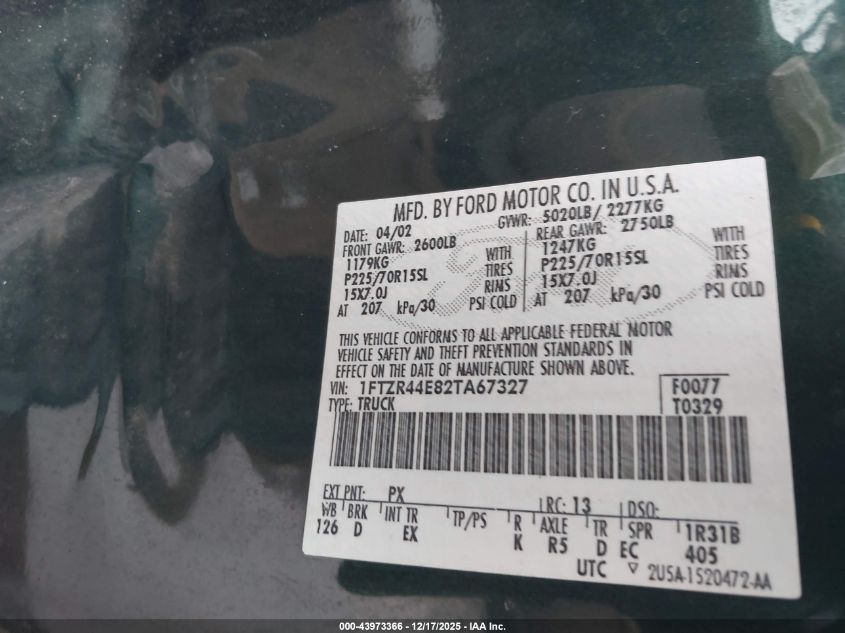 2002 Ford Ranger Xlt VIN: 1FTZR44E82TA67327 Lot: 43973366