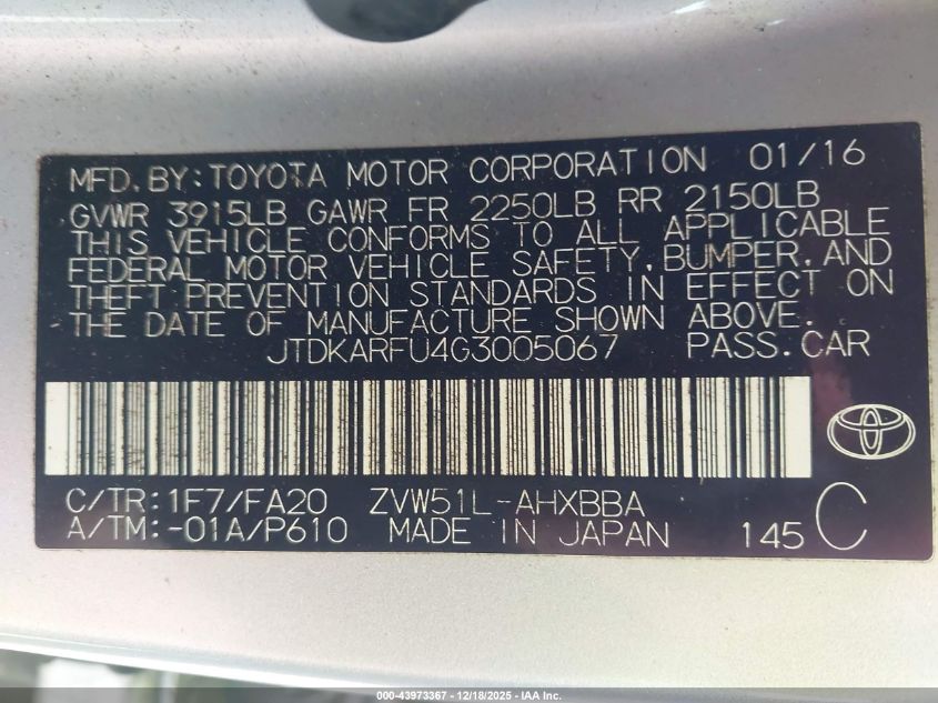 2016 Toyota Prius Two Eco VIN: JTDKARFU4G3005067 Lot: 43973367