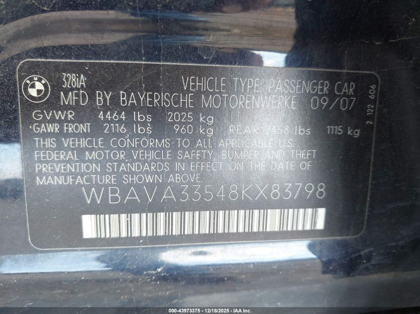 2008 BMW 328I VIN: WBAVA33548KX83798 Lot: 43973375
