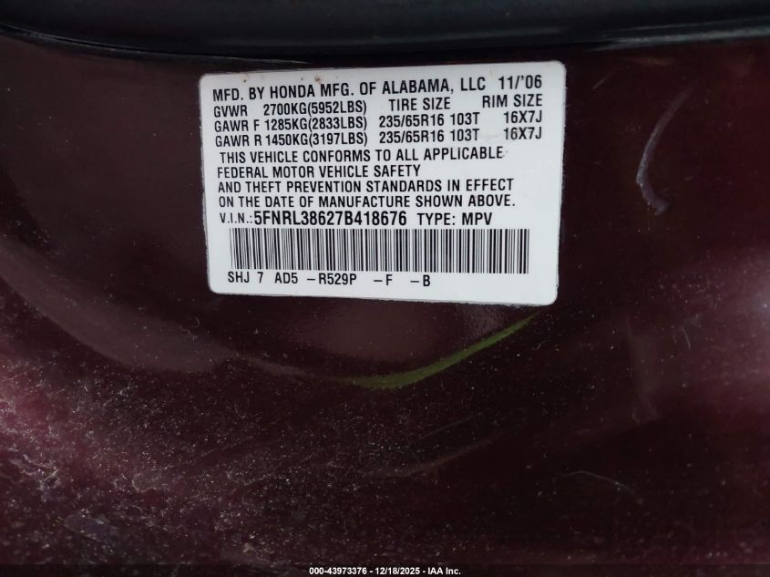 2007 Honda Odyssey Ex-L VIN: 5FNRL38627B418676 Lot: 43973376