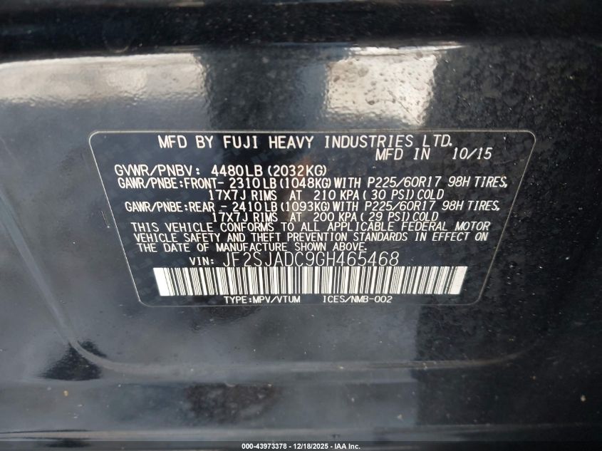 2016 Subaru Forester 2.5I Premium VIN: JF2SJADC9GH465468 Lot: 43973378