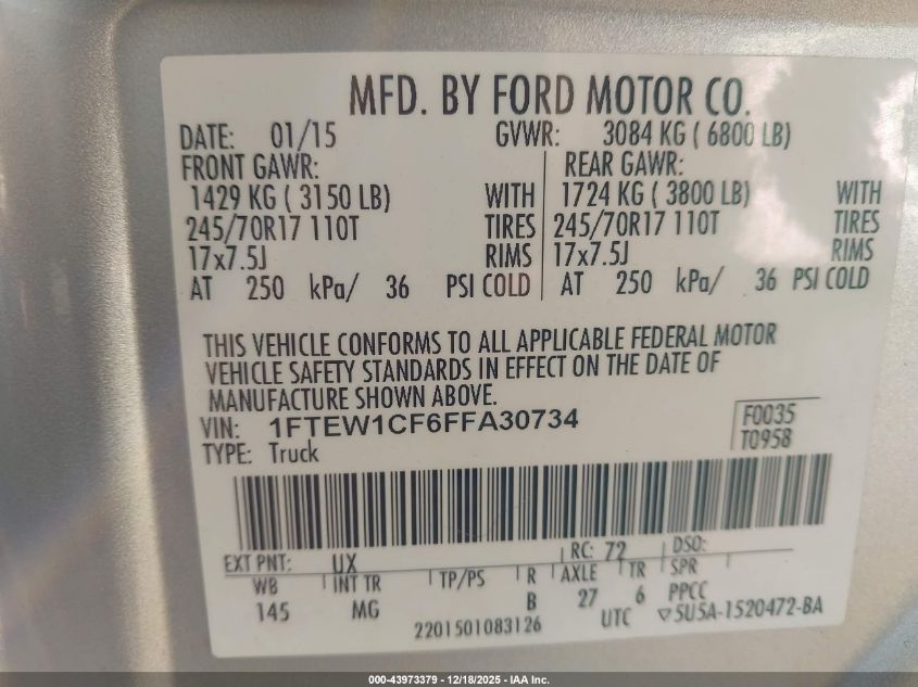 2015 Ford F-150 Xlt VIN: 1FTEW1CF6FFA30734 Lot: 43973379