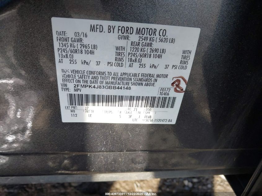 2016 Ford Edge Sel VIN: 2FMPK4J83GBB44148 Lot: 43973381