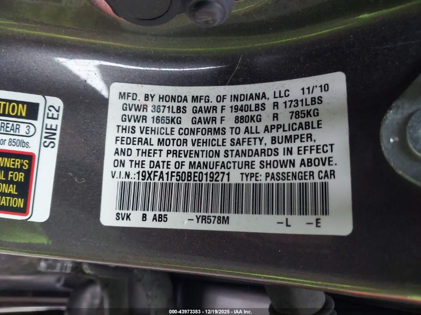 2011 Honda Civic Lx VIN: 19XFA1F50BE019271 Lot: 43973383