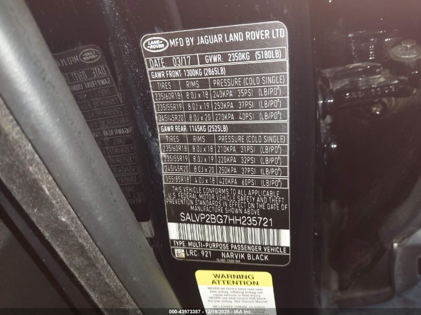 2017 Land Rover Range Rover Evoque Se/Se Premium VIN: SALVP2BG7HH235721 Lot: 43973387