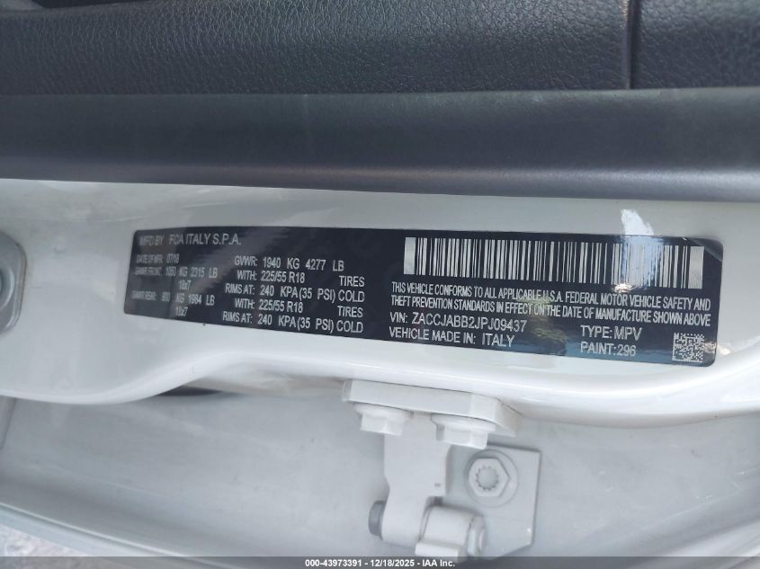 2018 Jeep Renegade Altitude Fwd VIN: ZACCJABB2JPJ09437 Lot: 43973391