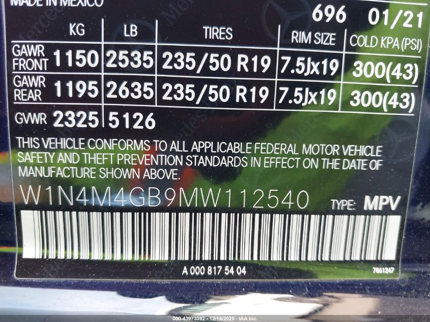 2021 Mercedes-Benz Glb 250 VIN: W1N4M4GB9MW112540 Lot: 43973392