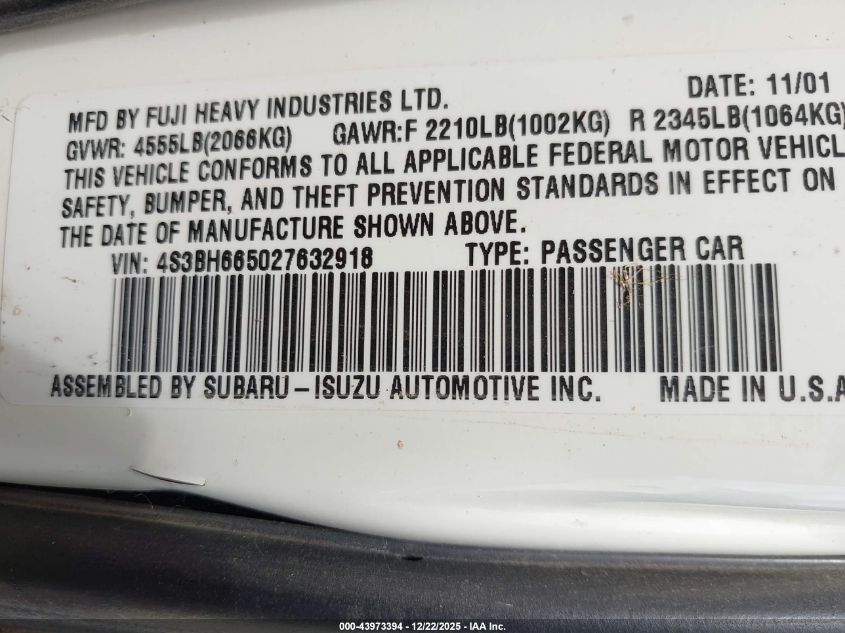 2002 Subaru Outback VIN: 4S3BH665027632918 Lot: 43973394