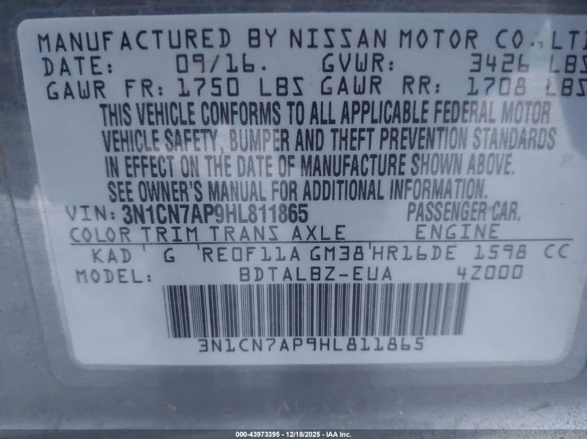 2017 Nissan Versa 1.6 Sv VIN: 3N1CN7AP9HL811865 Lot: 43973395