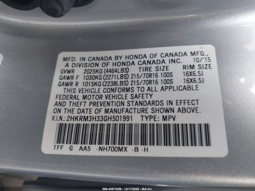 2016 Honda Cr-V Lx VIN: 2HKRM3H33GH501991 Lot: 43973396