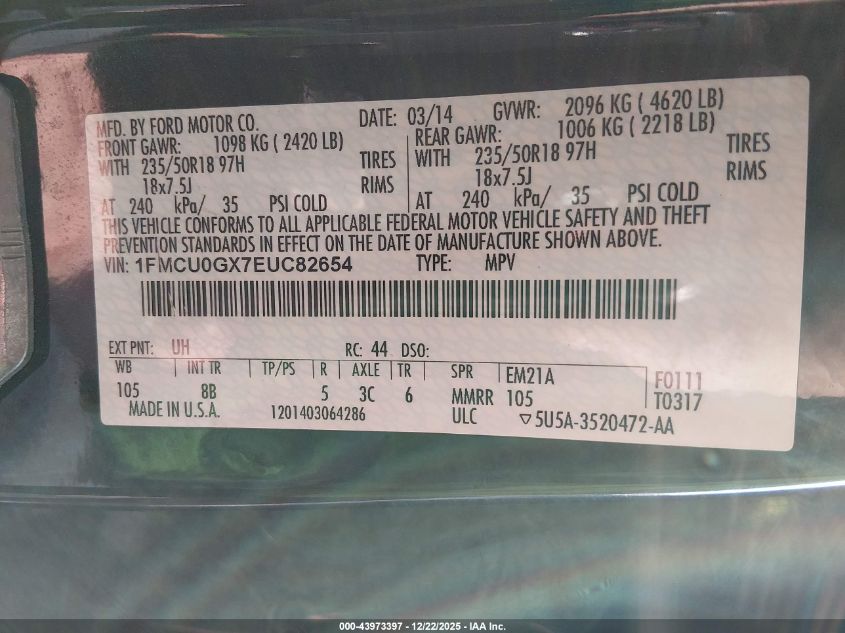 2014 Ford Escape Se VIN: 1FMCU0GX7EUC82654 Lot: 43973397