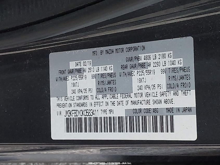 2019 Mazda Cx-5 Grand Touring Reserve VIN: JM3KFBDY0K0583411 Lot: 43973403