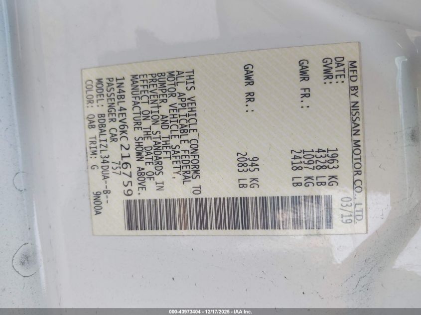 2019 Nissan Altima 2.5 Sl VIN: 1N4BL4EV6KC216759 Lot: 43973404