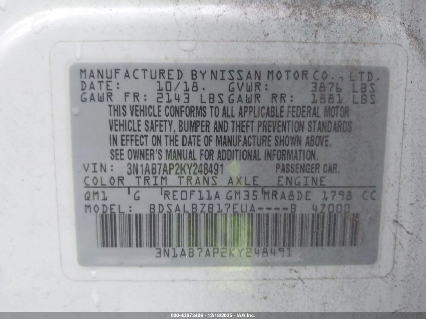 2019 Nissan Sentra S VIN: 3N1AB7AP2KY248491 Lot: 43973406