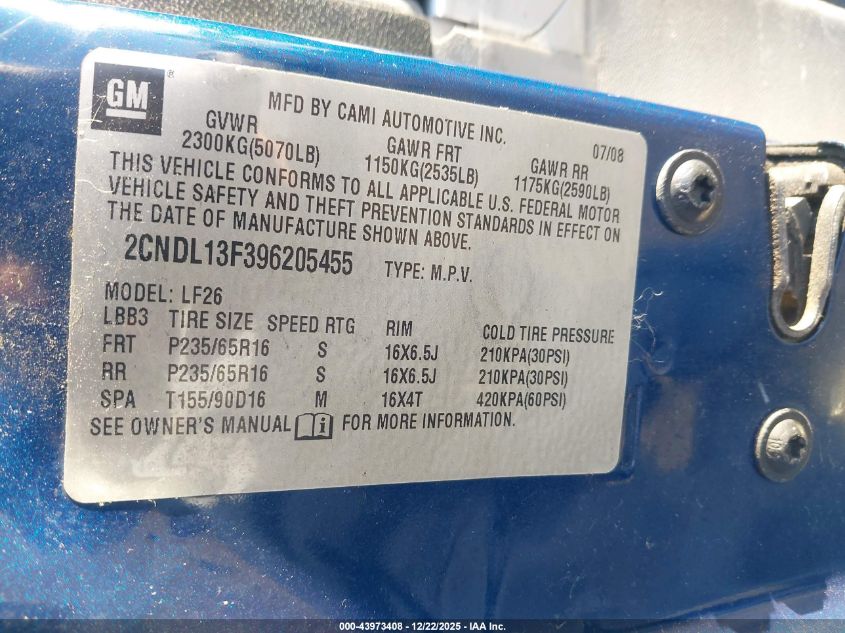 2009 Chevrolet Equinox Ls VIN: 2CNDL13F396205455 Lot: 43973408