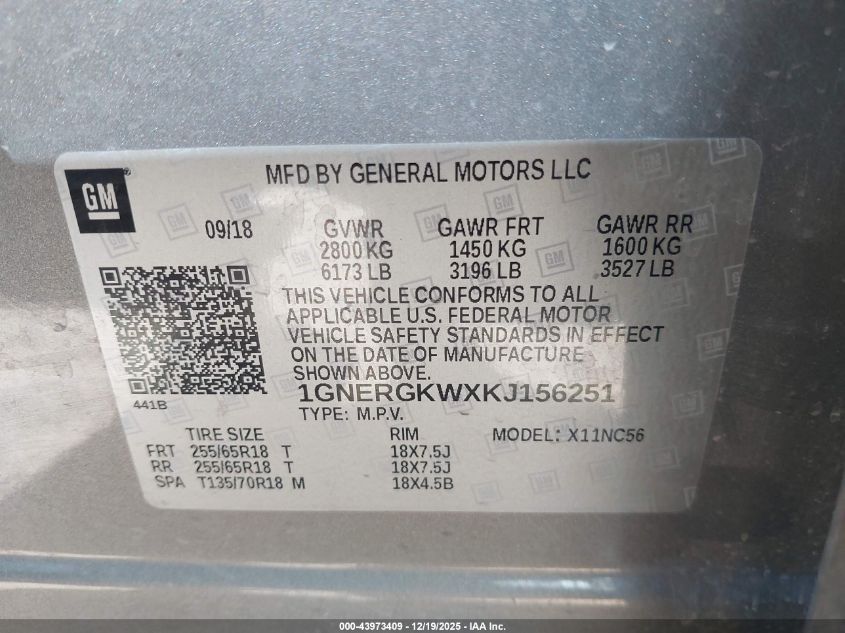 2019 Chevrolet Traverse 1Lt VIN: 1GNERGKWXKJ156251 Lot: 43973409