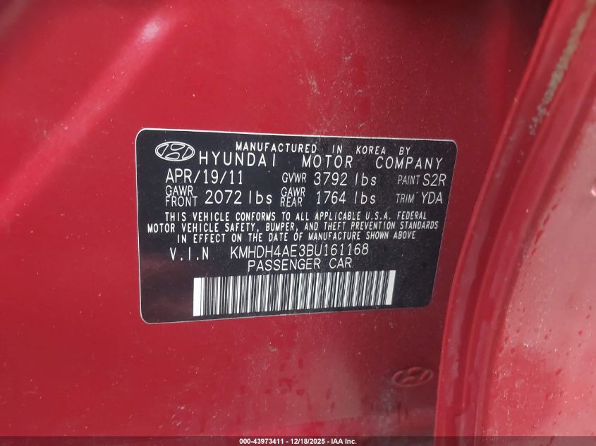 2011 Hyundai Elantra Gls (Ulsan Plant) VIN: KMHDH4AE3BU161168 Lot: 43973411