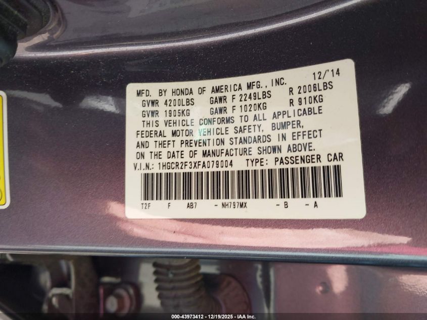 2015 Honda Accord Lx VIN: 1HGCR2F3XFA079004 Lot: 43973412