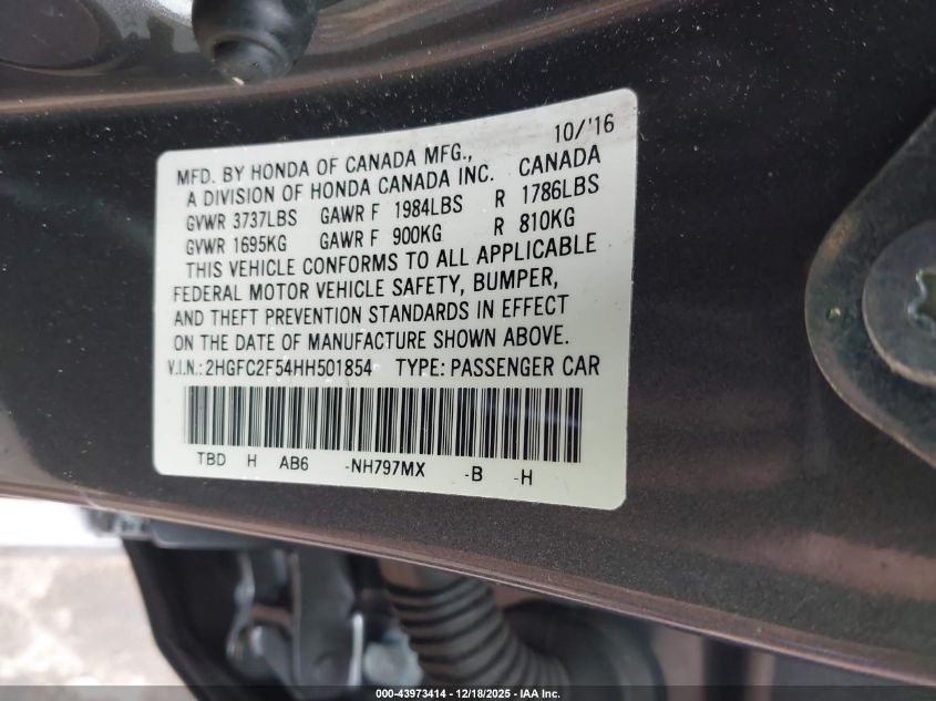 2017 Honda Civic Lx VIN: 2HGFC2F54HH501854 Lot: 43973414