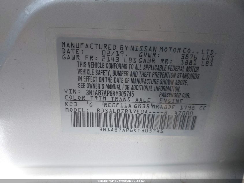 2019 Nissan Sentra S VIN: 3N1AB7AP8KY305745 Lot: 43973417