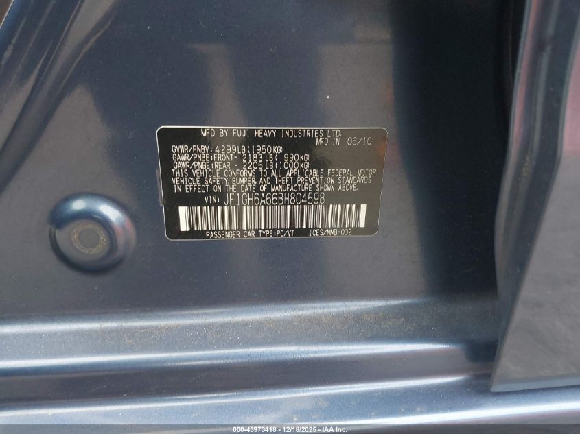 2011 Subaru Impreza 2.5I VIN: JF1GH6A66BH804598 Lot: 43973418
