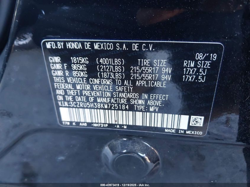 2019 Honda Hr-V Lx VIN: 3CZRU5H38KM725184 Lot: 43973419