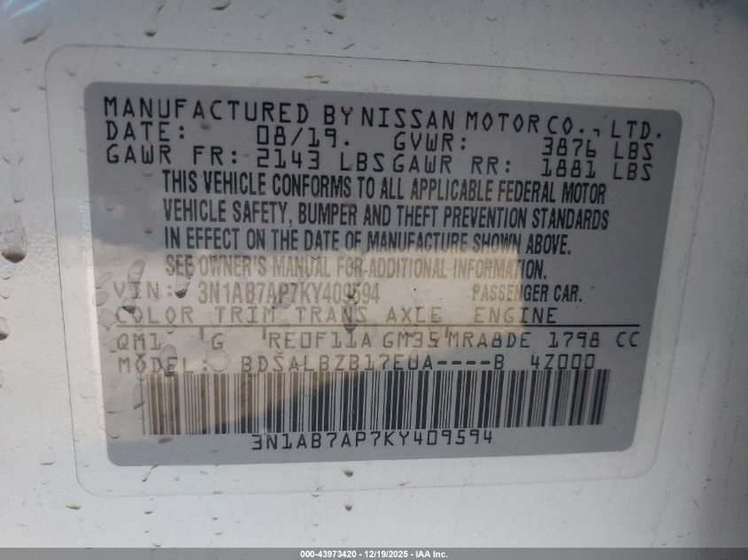 2019 Nissan Sentra S VIN: 3N1AB7AP7KY409594 Lot: 43973420