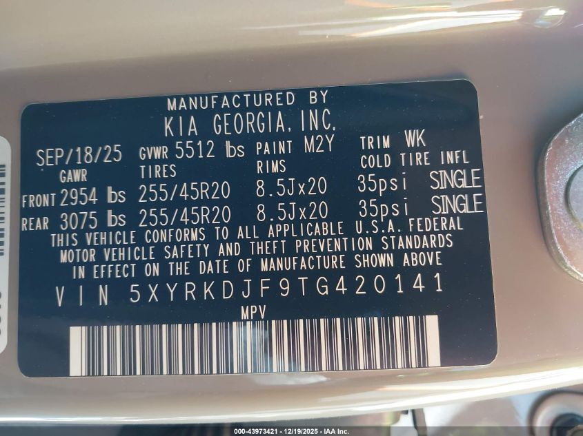 2026 Kia Sorento X-Line Sx VIN: 5XYRKDJF9TG420141 Lot: 43973421