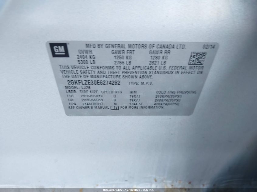 2014 GMC Terrain Denali VIN: 2GKFLZE30E6274262 Lot: 43973422