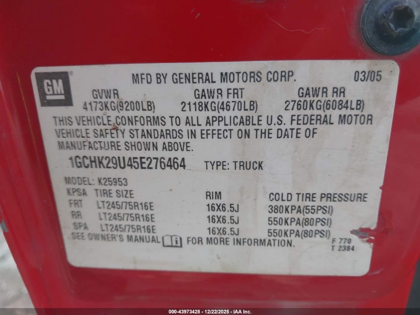 2005 Chevrolet Silverado 2500Hd Work Truck VIN: 1GCHK29U45E276464 Lot: 43973428