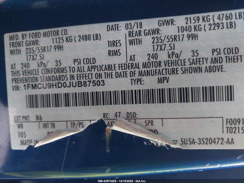 2018 Ford Escape Sel VIN: 1FMCU9HD0JUB87503 Lot: 43973429