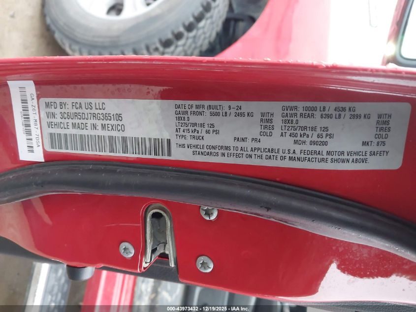 2024 Ram 2500 Big Horn 4X4 6'4 Box VIN: 3C6UR5DJ7RG365105 Lot: 43973432