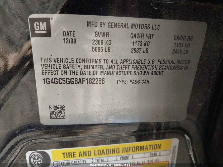 2010 Buick Lacrosse Cxl VIN: 1G4GC5GG8AF182286 Lot: 43973433