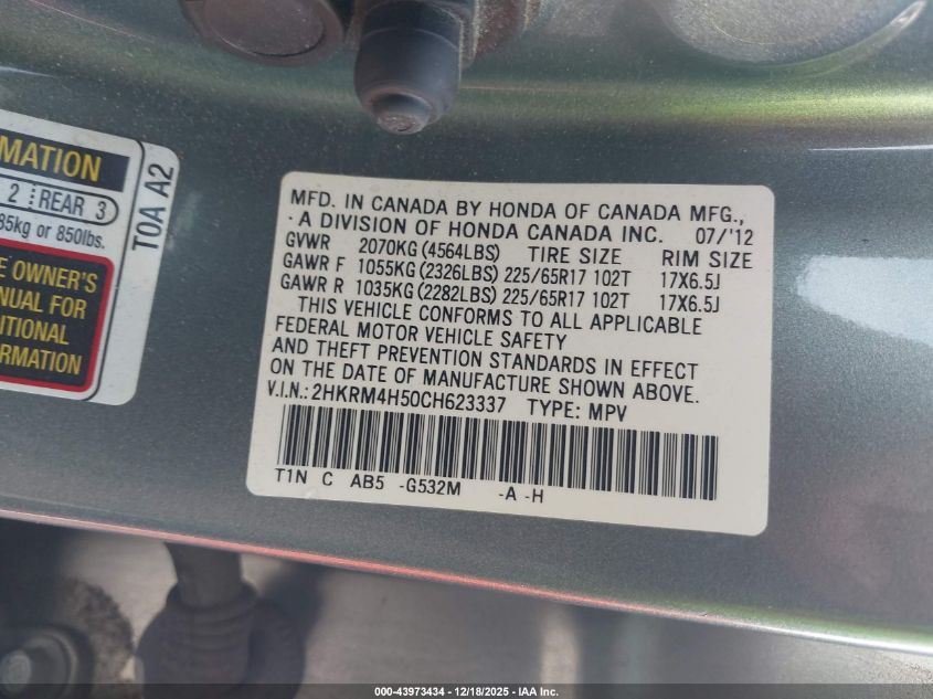 2012 Honda Cr-V Ex VIN: 2HKRM4H50CH623337 Lot: 43973434