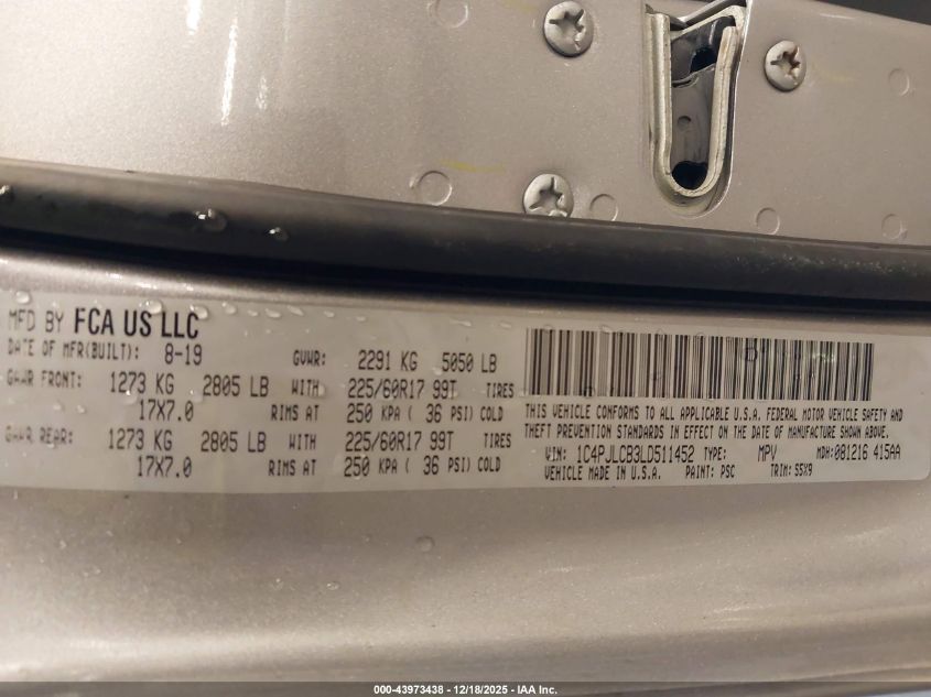 2020 Jeep Cherokee Latitude Fwd VIN: 1C4PJLCB3LD511452 Lot: 43973438