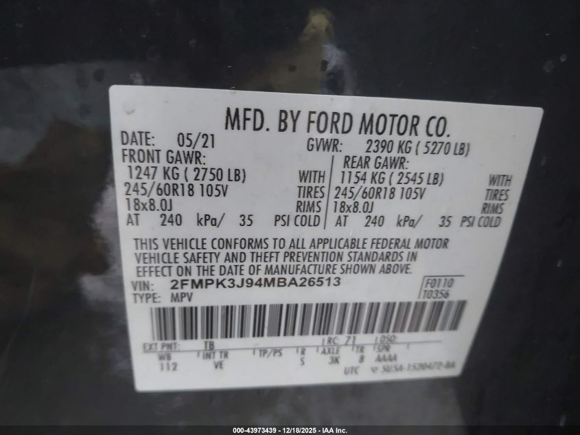 2021 Ford Edge Sel VIN: 2FMPK3J94MBA26513 Lot: 43973439