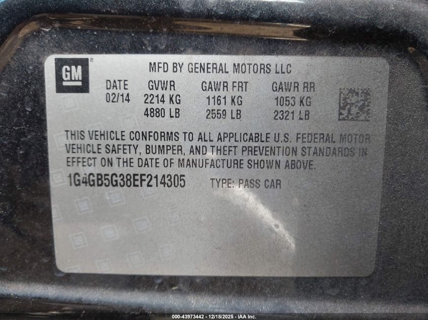 2014 Buick Lacrosse Leather Group VIN: 1G4GB5G38EF214305 Lot: 43973442
