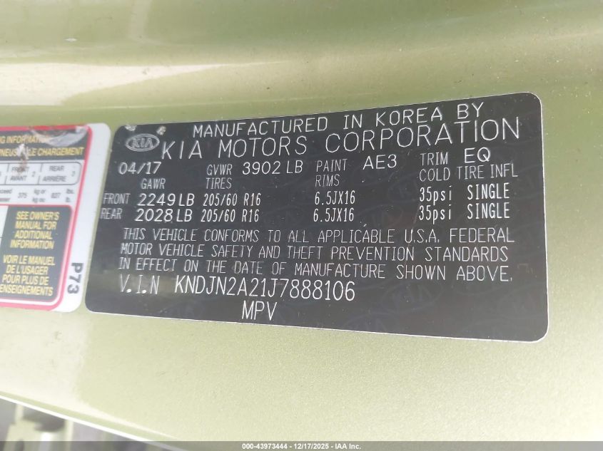 2018 Kia Soul VIN: KNDJN2A21J7888106 Lot: 43973444