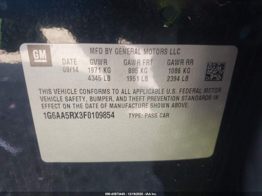 2015 Cadillac Ats Standard VIN: 1G6AA5RX3F0109854 Lot: 43973445