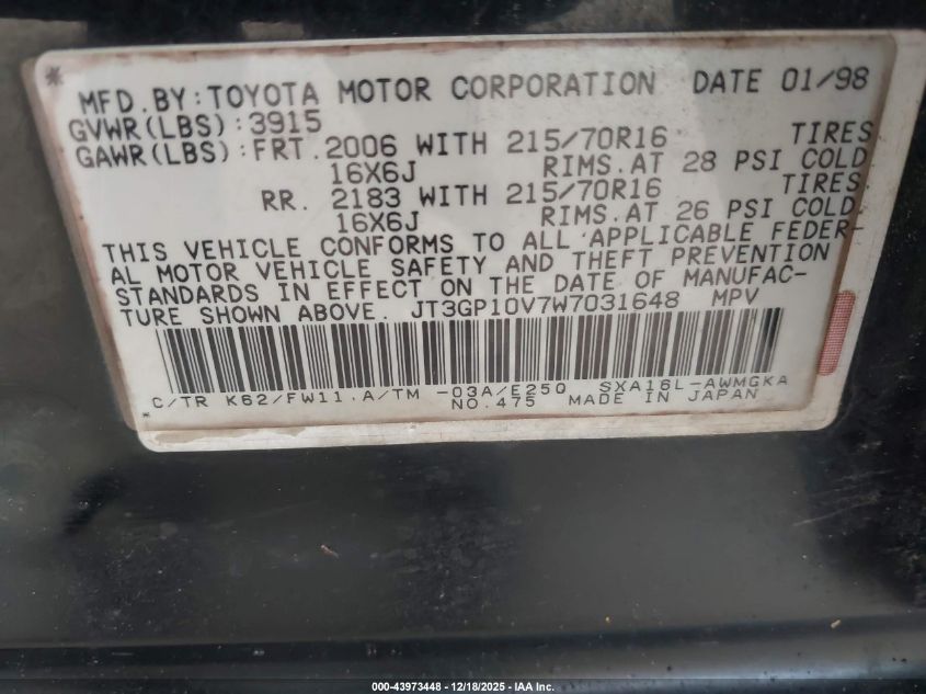 1998 Toyota Rav4 VIN: JT3GP10V7W7031648 Lot: 43973448