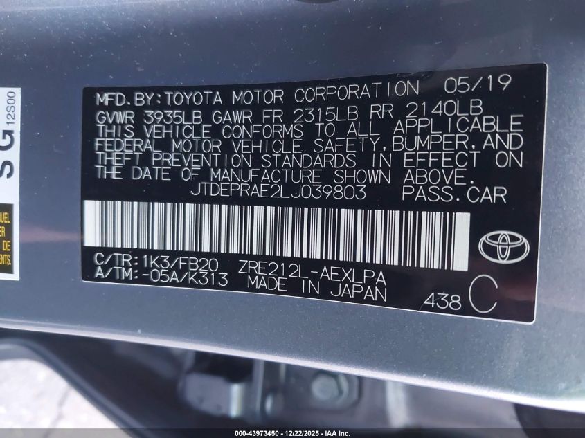 2020 Toyota Corolla Le VIN: JTDEPRAE2LJ039803 Lot: 43973450